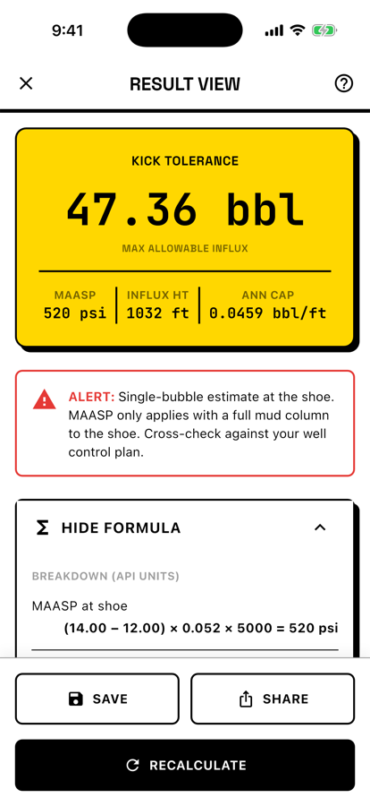 TallyRig showing the worked formula behind a result
